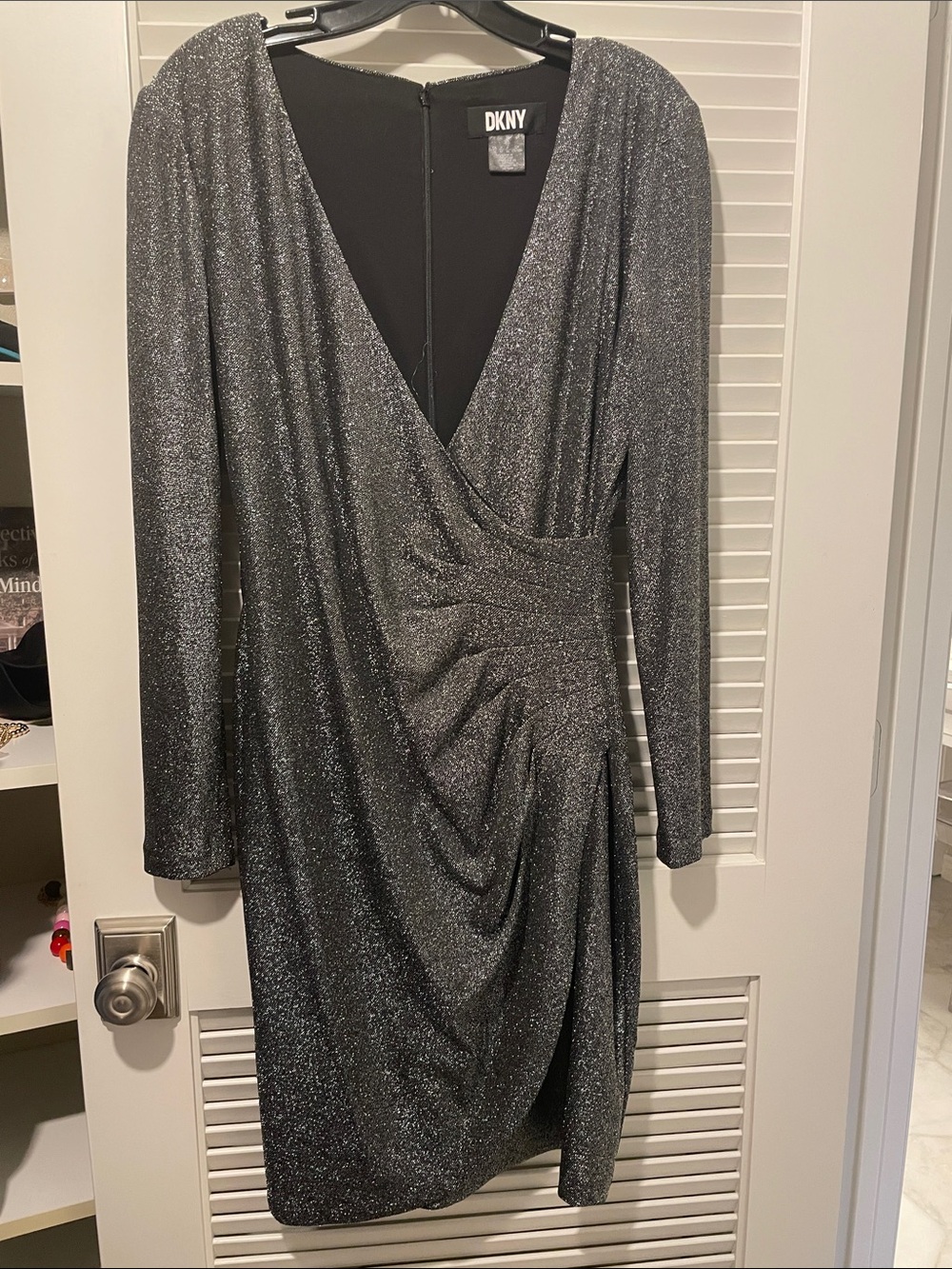 DKNY Metallic Silver Long-Sleeve Wrap Dress